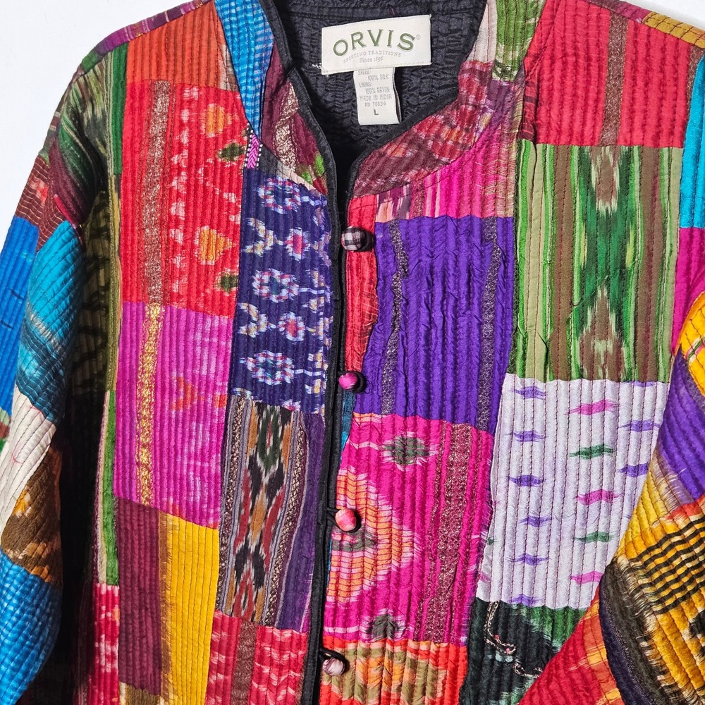 ORVIS Vintage Patchwork Boho Silk Kimono Jacket Mandarin Collar Womens L Ethnic - Picture 3 of 4